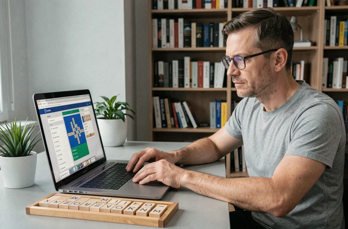 Homme utilisant une application d'entraînement au Scrabble sur ordinateur avec des lettres physiques
