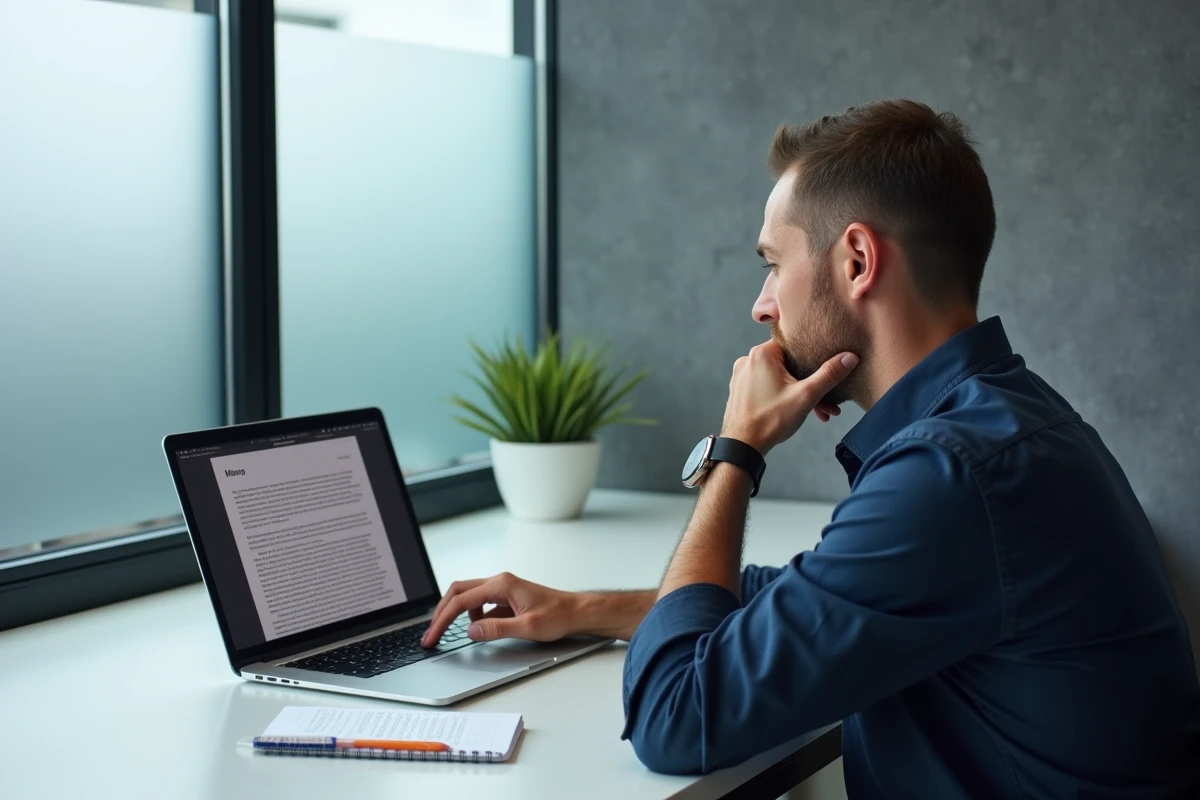 Homme en train d'évaluer un plotwist sur son ordinateur portable dans un espace de coworking minimaliste, regard analytique
