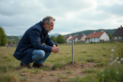 Homme en veste marine examine un terrain rural en France