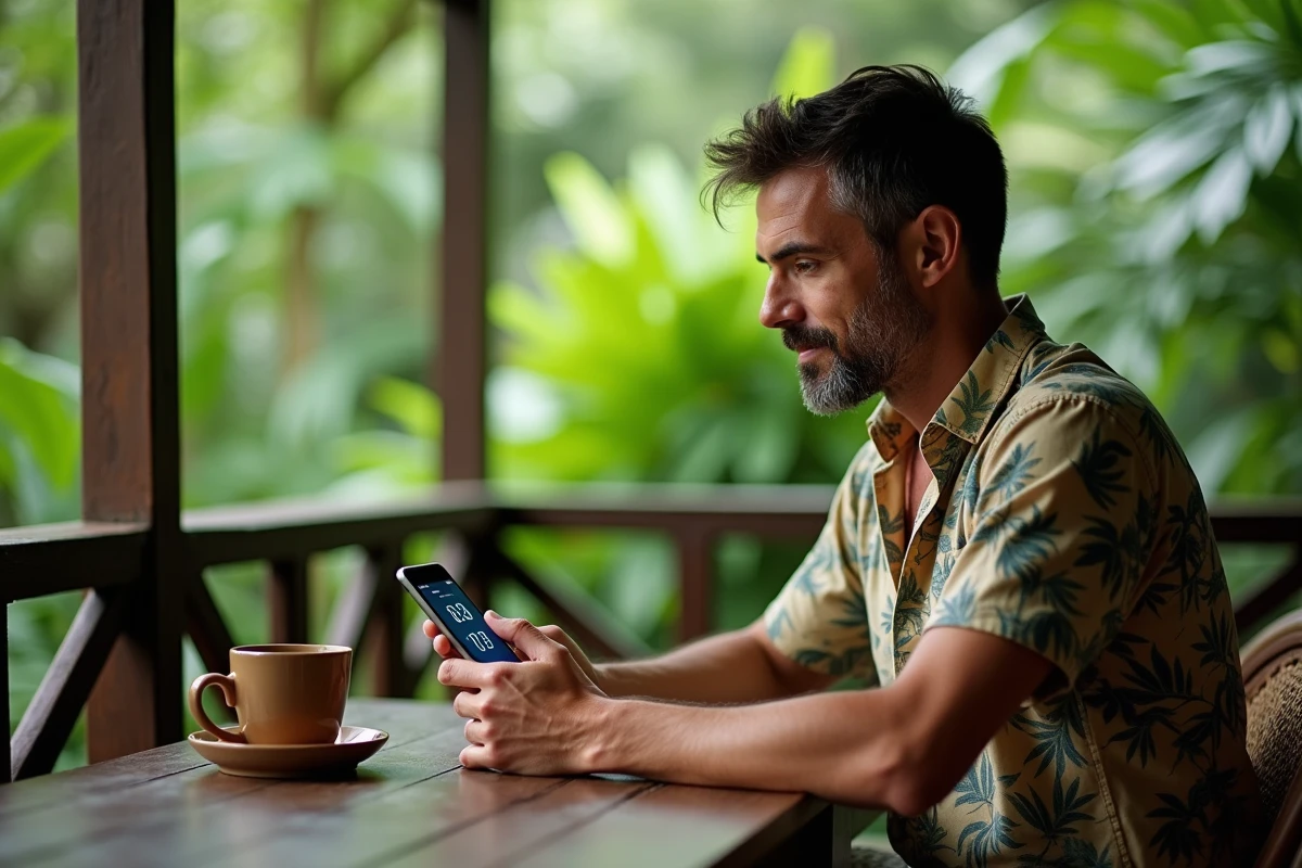 Homme en Guyane consultant l'heure sur son smartphone pour gérer le décalage horaire avec la métropole