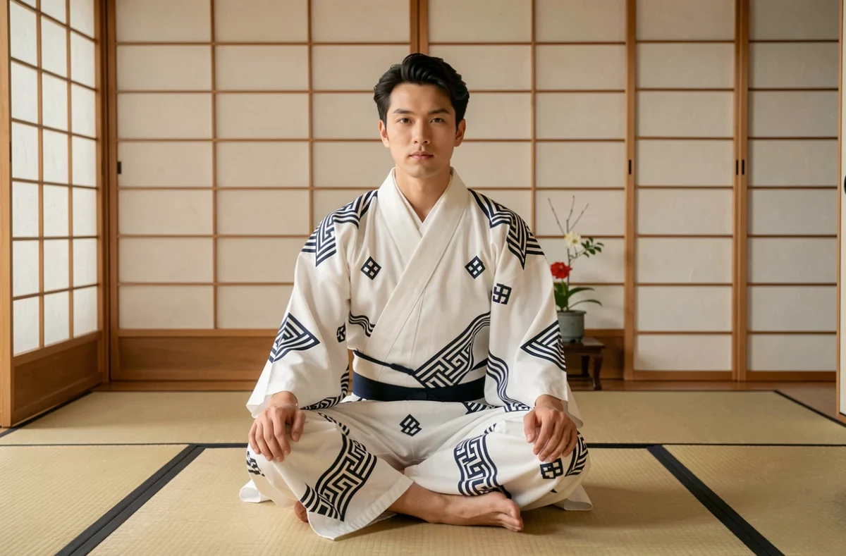 Homme en kimono blanc à motifs géométriques assis sur un tatami dans une pièce japonaise traditionnelle, esthétique anime husbando épuré et réaliste