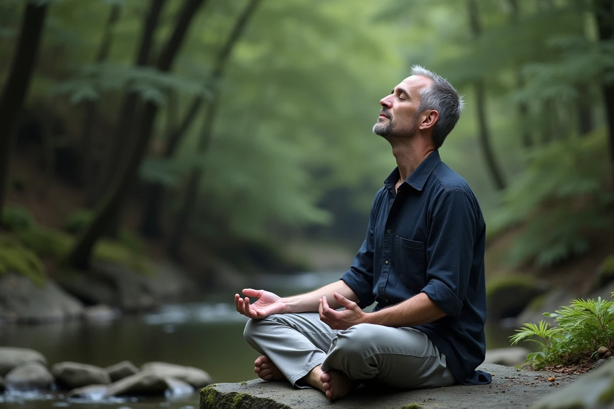 Homme en pleine nature les yeux fermés en état de méditation profonde et d'éveil spirituel