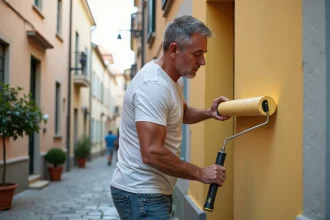 Homme peignant la façade d'une maison européenne en extérieur