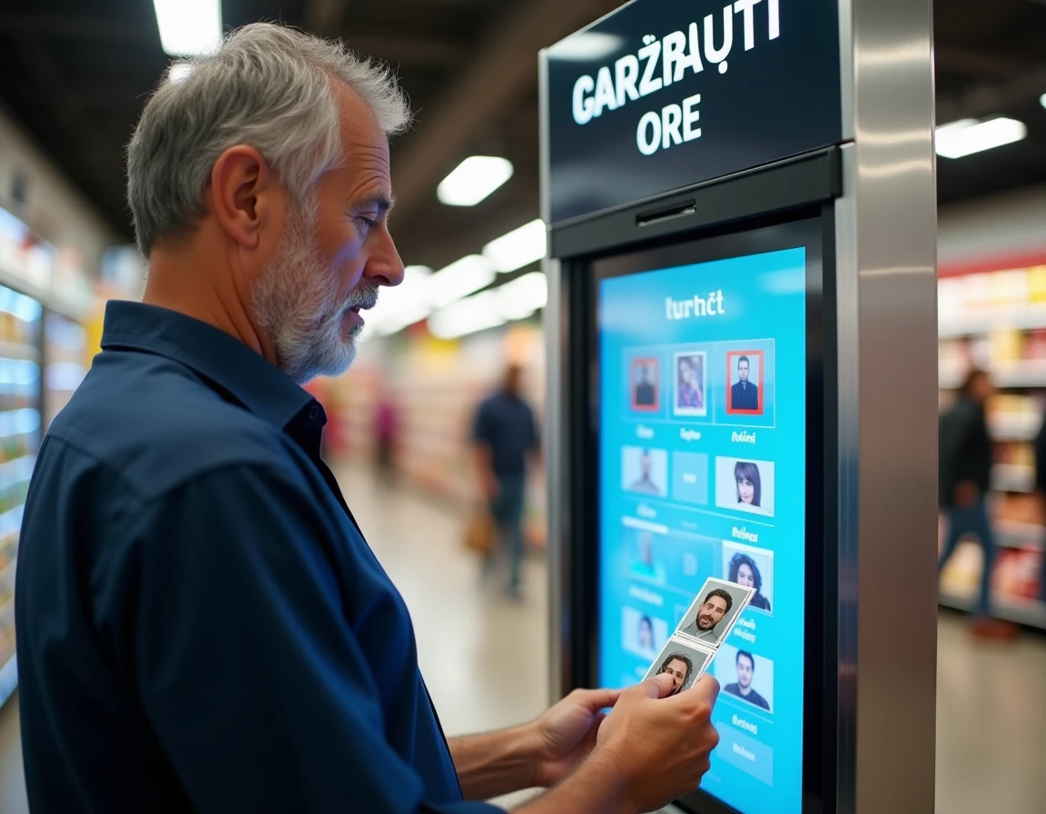Homme tenant des photos de photomaton devant un kiosque en supermarché avec différents tarifs affichés