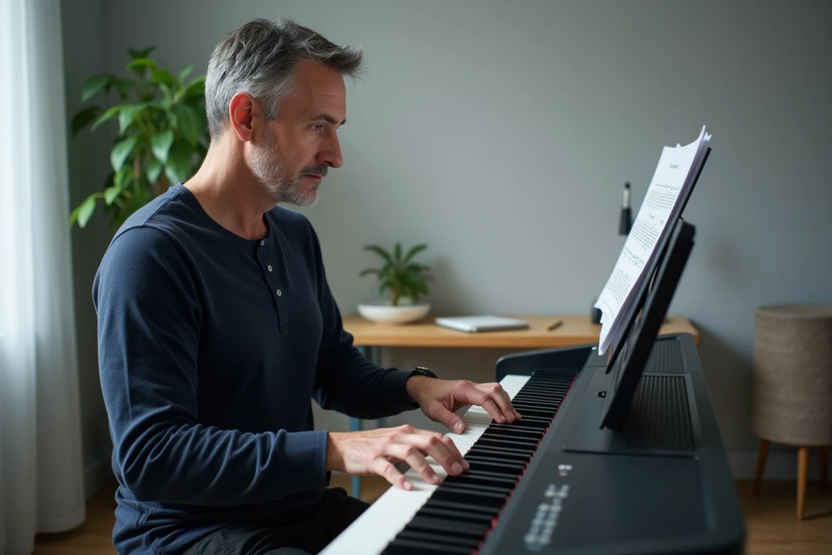 Homme adulte apprenant les accords de piano sur clavier numérique avec chart d'accords manuscrit, studio appartement minimaliste