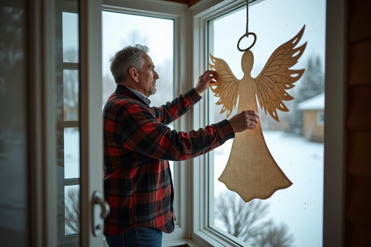 Homme accrochant une angel en papier sur la fenêtre extérieure