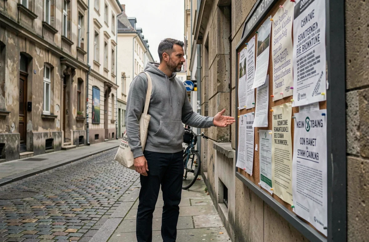 Homme en ville prenant conscience de son environnement social devant un panneau communautaire