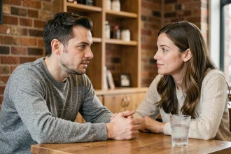 Homme qui se confie à une femme dans un café, regard attentif et posture ouverte suggérant des sentiments amoureux non avoués