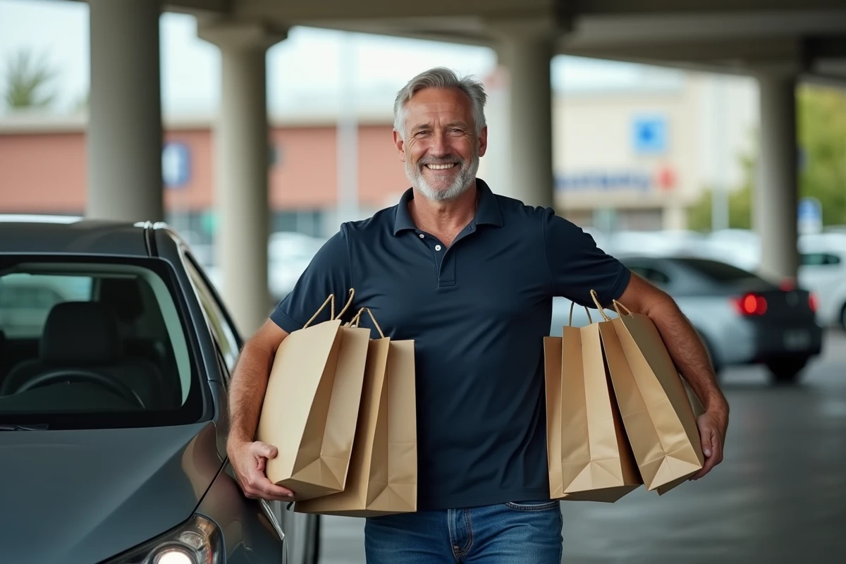 Homme récupérant ses courses au Carrefour Drive après avoir utilisé un code promo pour sa première commande