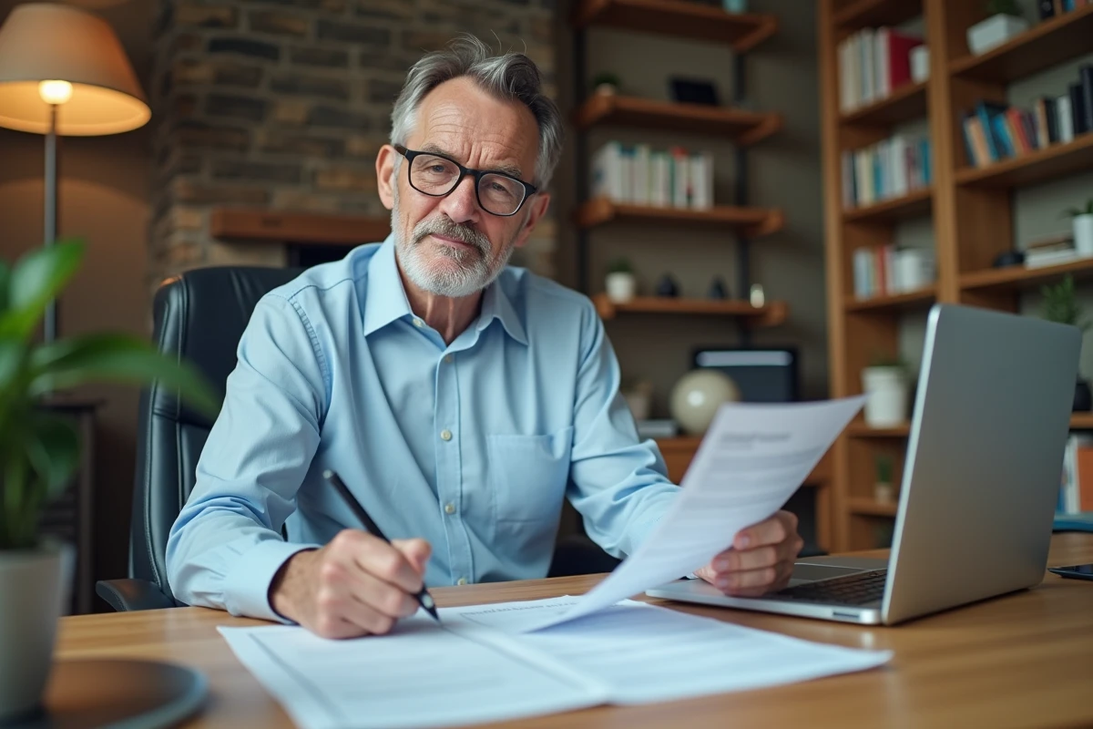 Homme d'âge moyen remplissant un papier de retraite dans un bureau moderne