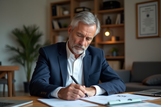Homme d'âge moyen examinant un dossier SCPI dans un bureau moderne