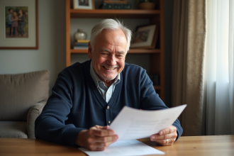 Homme senior souriant lisant des documents à la maison