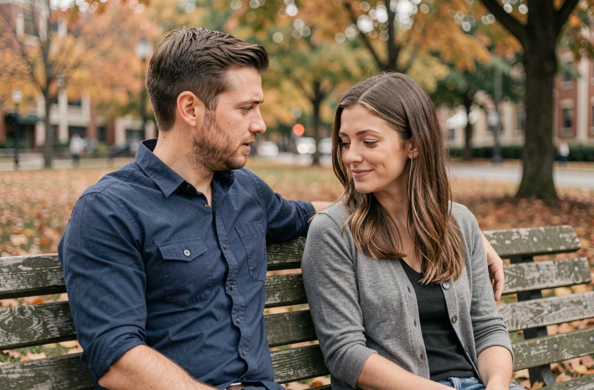 Homme assis près d'une femme sur un banc de parc en automne, langage corporel tendre révélant une attirance amoureuse inavouée