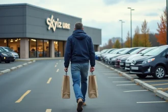 Homme d'âge moyen avec sac de shopping devant un magasin de meubles