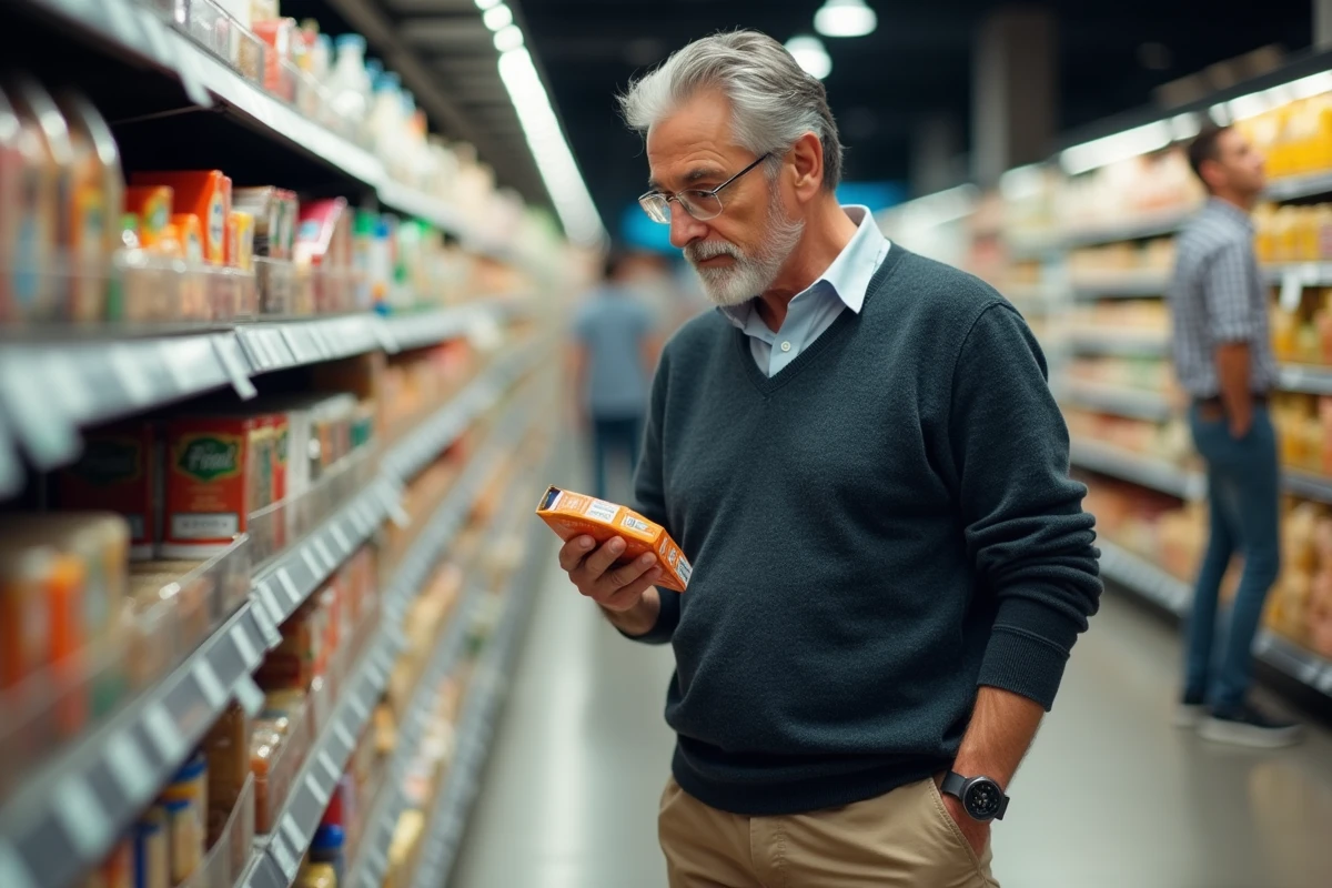 Homme en supermarché compare deux produits