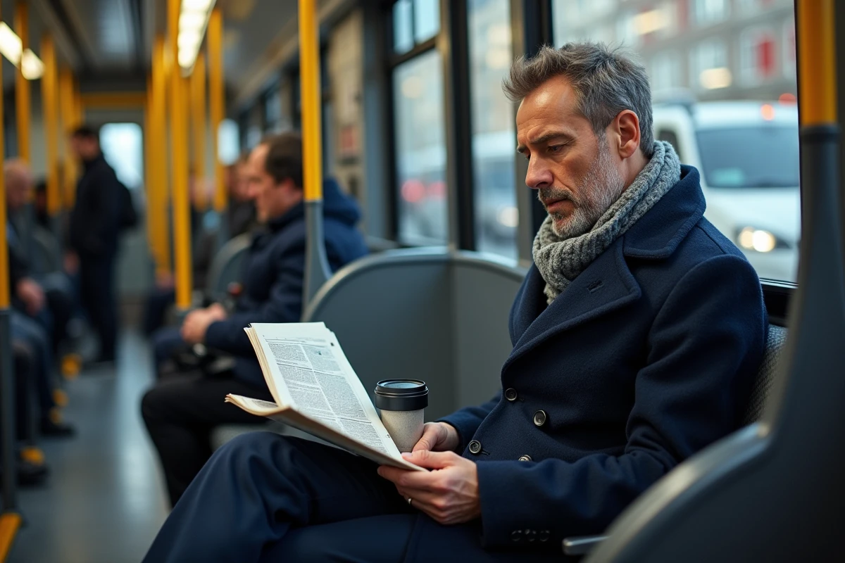 Homme lisant un journal assis dans le tramway ligne 2 de Nantes pendant les heures de pointe