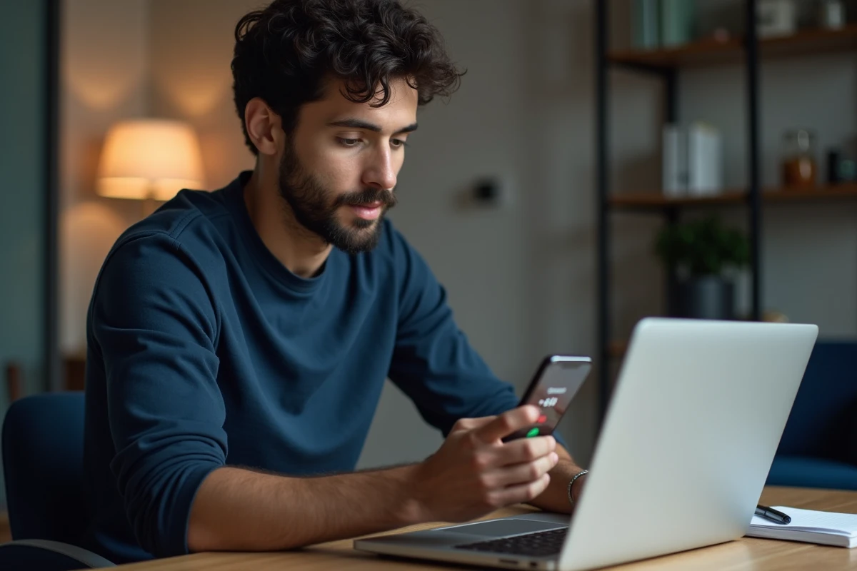 Homme consultant des conseils anti-arnaque téléphonique internationale sur ordinateur portable avec son téléphone affichant un numéro suisse