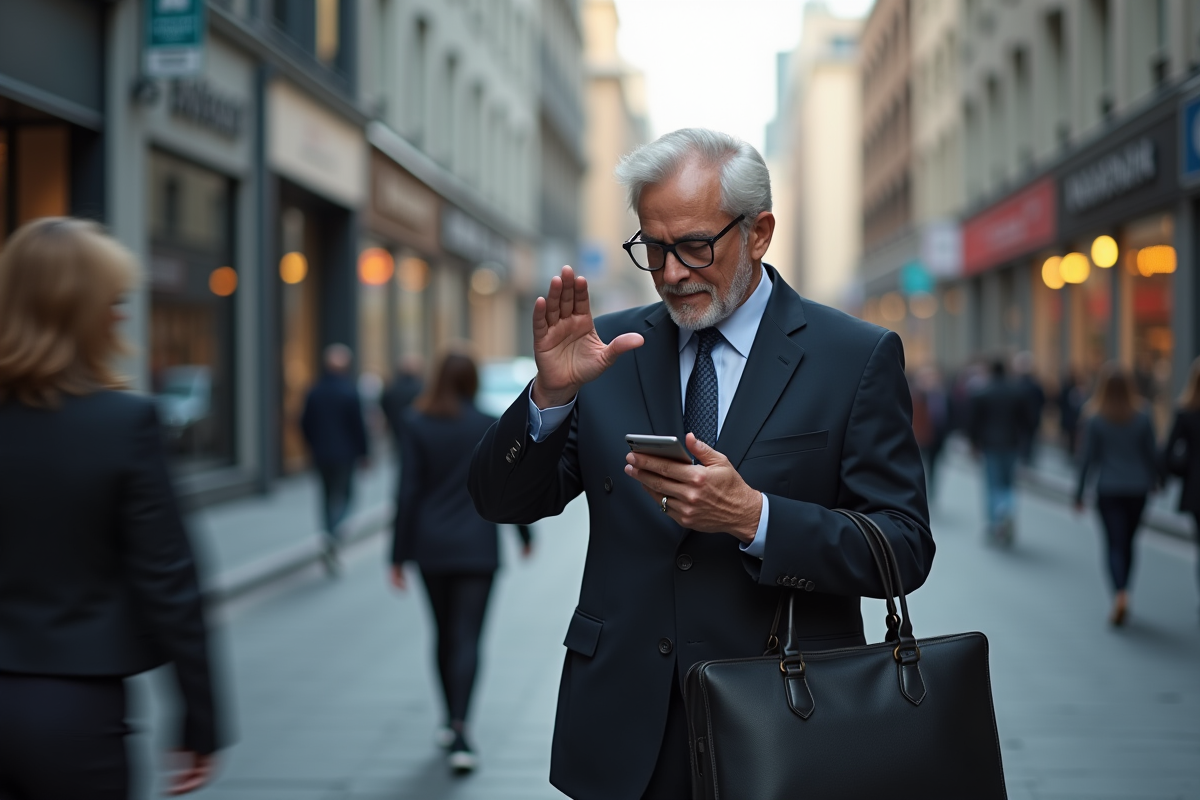 Homme d age dans la rue urbaine en costume sombre