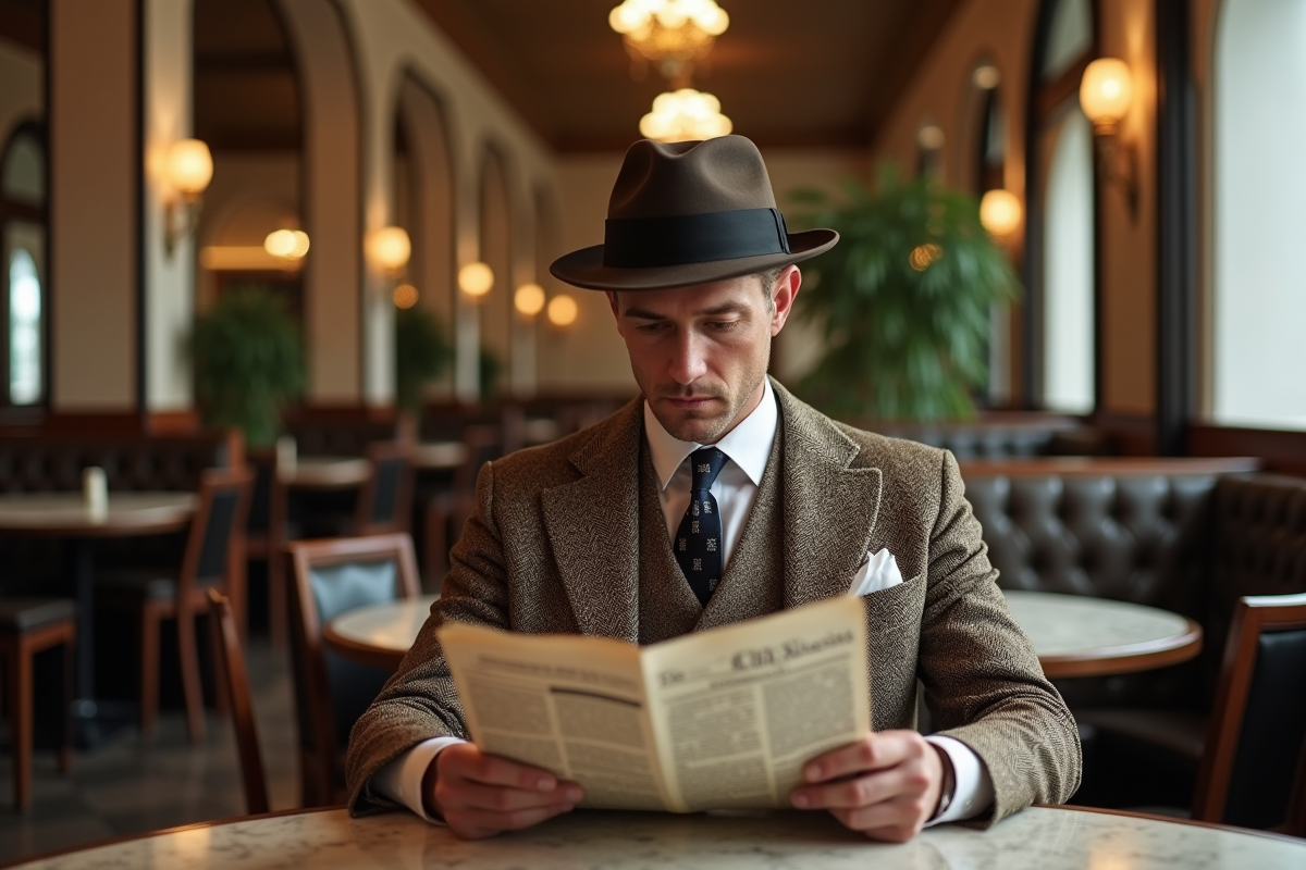 Homme en costume vintage dans un café art deco années 1920