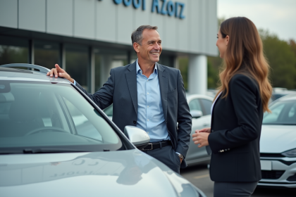 Homme d'affaires avec voiture en concession