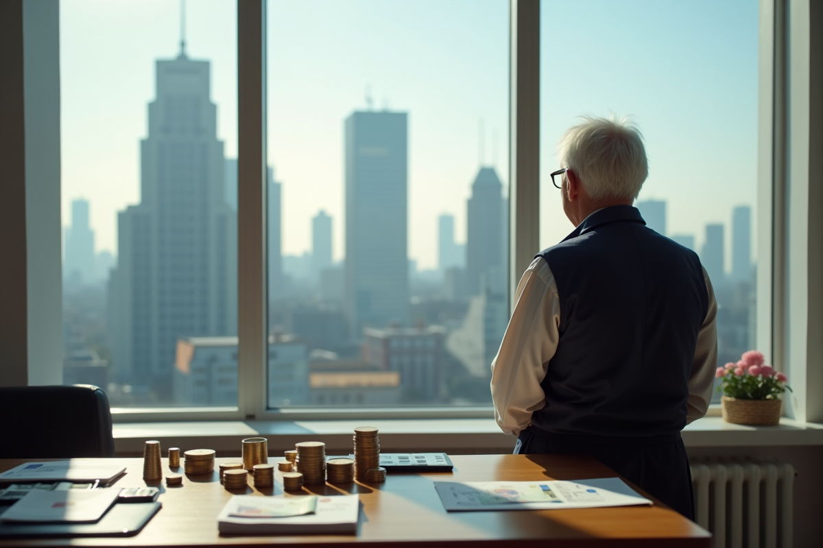 Homme âgé regardant la ville avec pièces et billets