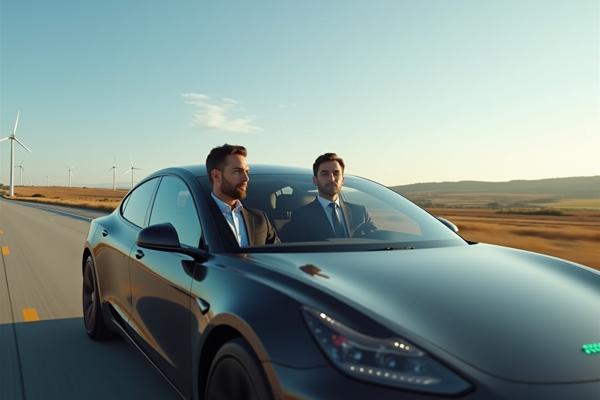 Deux hommes discutant dans une voiture autonome en voyage