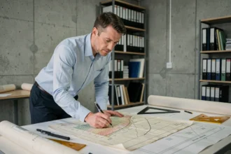 Ingénieur civil analysant des courbes de niveau et des pourcentages de pente sur un plan topographique en bureau d'études
