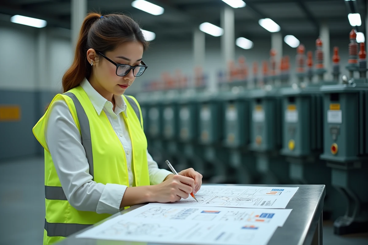 Ingénieure électrique analysant des schémas de transformateurs triphasés monophasés devant une rangée de transformateurs industriels dans un poste électrique moderne