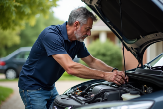 Homme inspectant la courroie moteur sous le capot d'une voiture