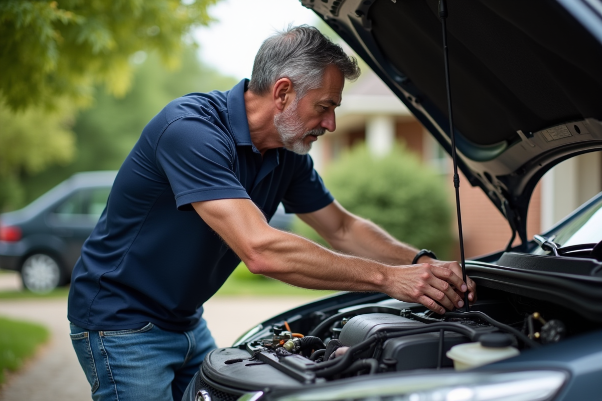 Homme inspectant la courroie moteur sous le capot d'une voiture