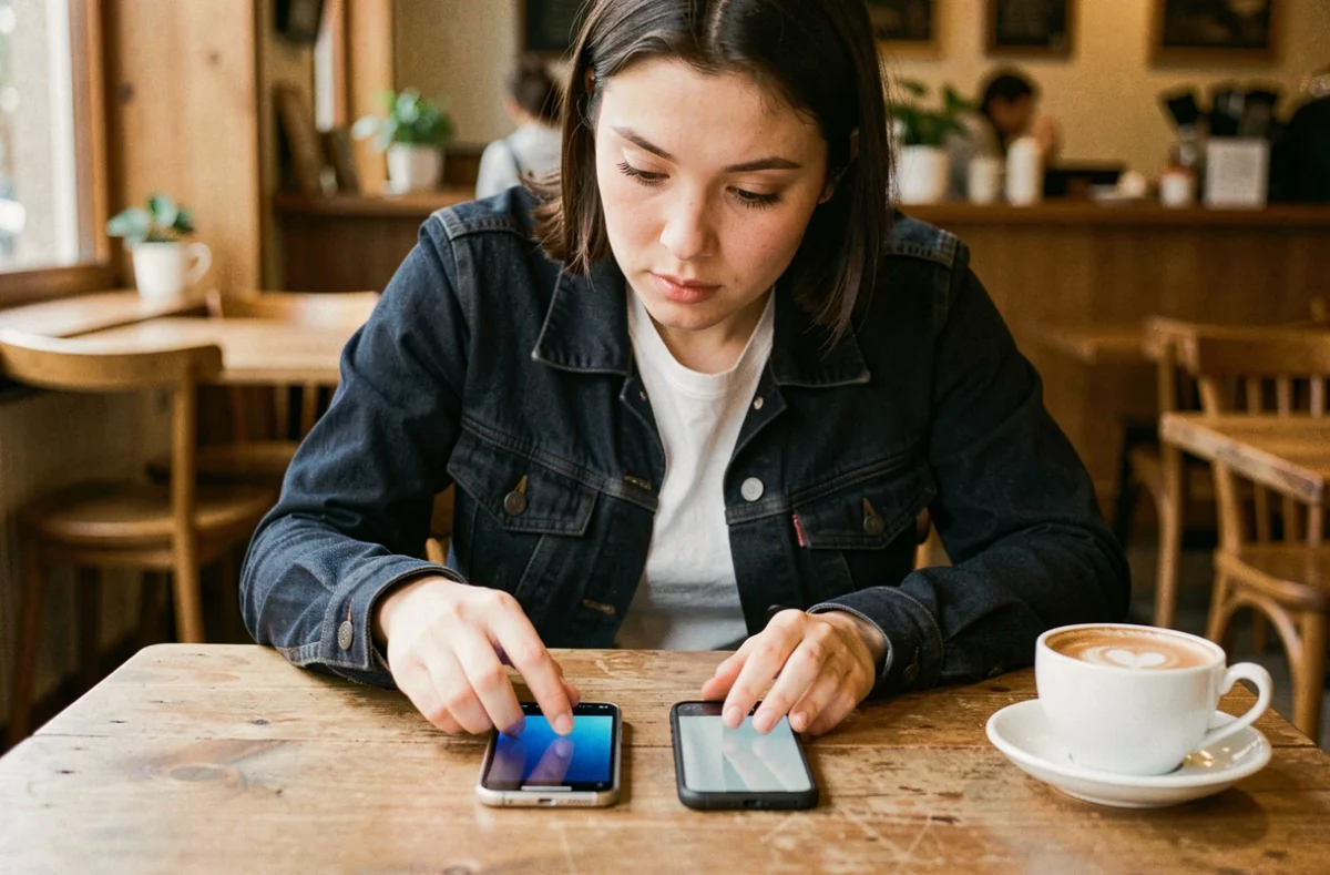 Femme comparant deux iPhone posés sur une table de café avec une tasse de café