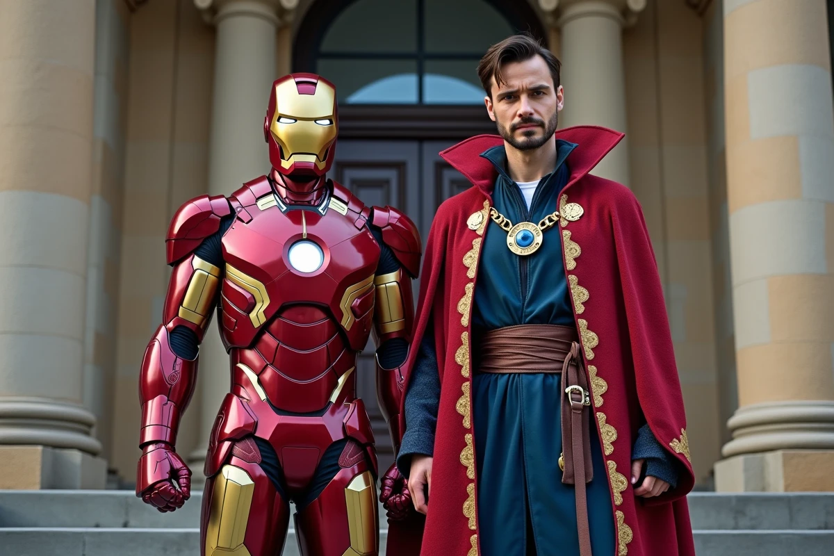 Cosplayeurs Iron Man et Doctor Strange devant un bâtiment néoclassique, symbolisant leur alliance dans l'univers des Avengers