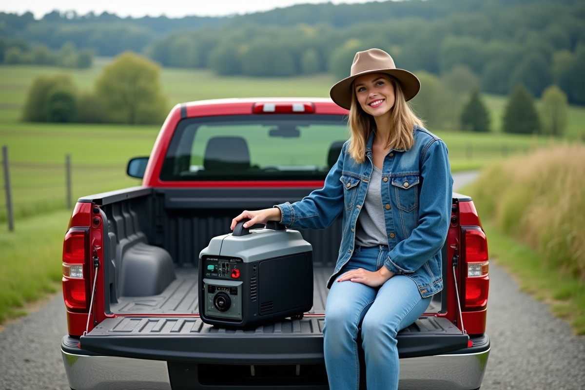 Jeune femme assemble un générateur en extérieur rural