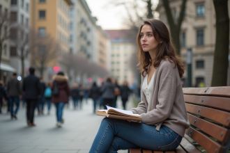 Jeune femme pensant sur un banc dans un parc urbain