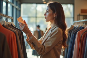 Jeune femme achetant des vêtements en boutique lumineuse