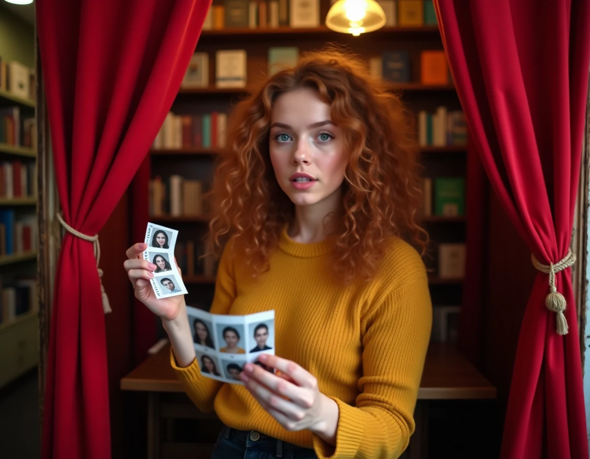Jeune femme comparant deux séries de photos de photomaton avec des prix différents dans une librairie parisienne