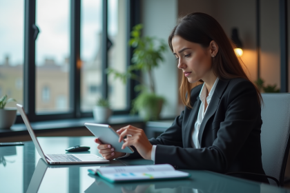 Jeune femme fintech utilisant une tablette dans un bureau moderne