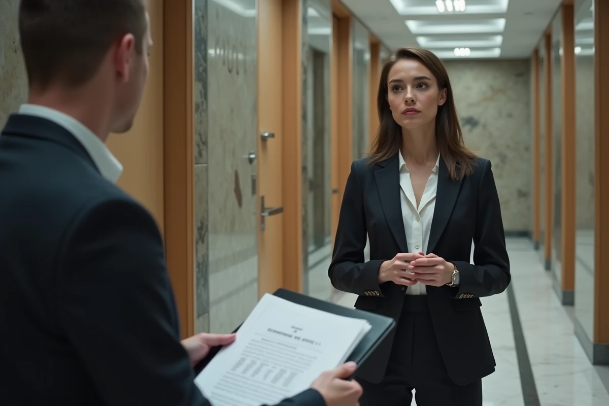 Jeune femme en blazer parle à un client dans un couloir de tribunal