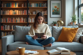 Jeune femme lisant un e-reader dans un salon chaleureux