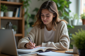 Jeune femme concentrée prenant des notes dans un bureau cosy