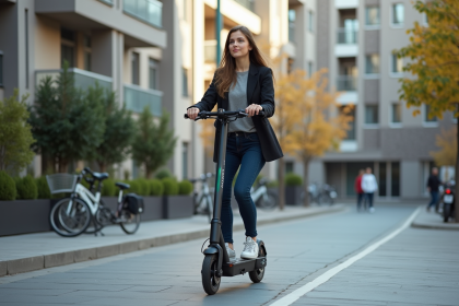 Jeune femme en scooter électrique dans une ville moderne