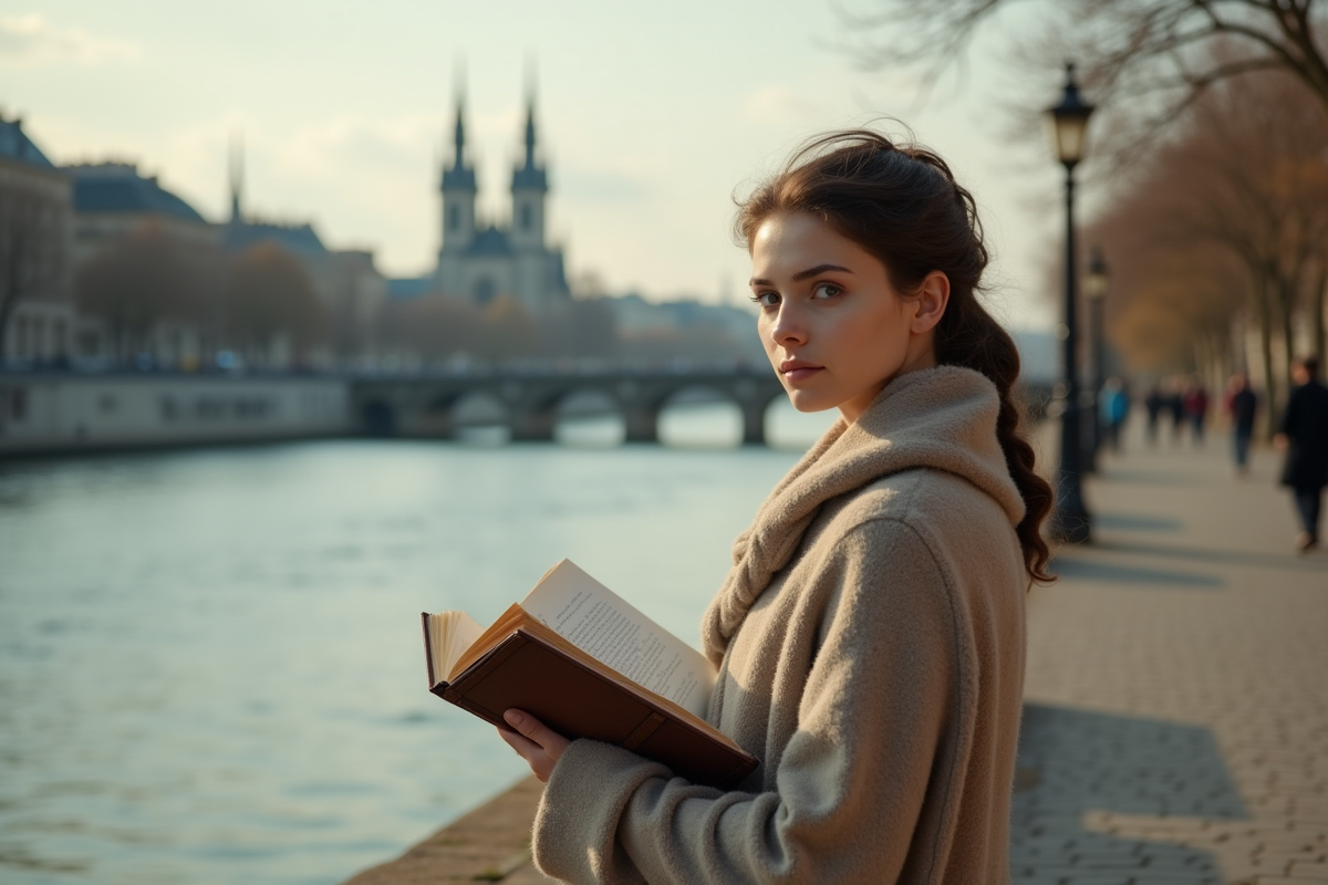 Jeune femme lisant au bord de la Seine dans un décor historique
