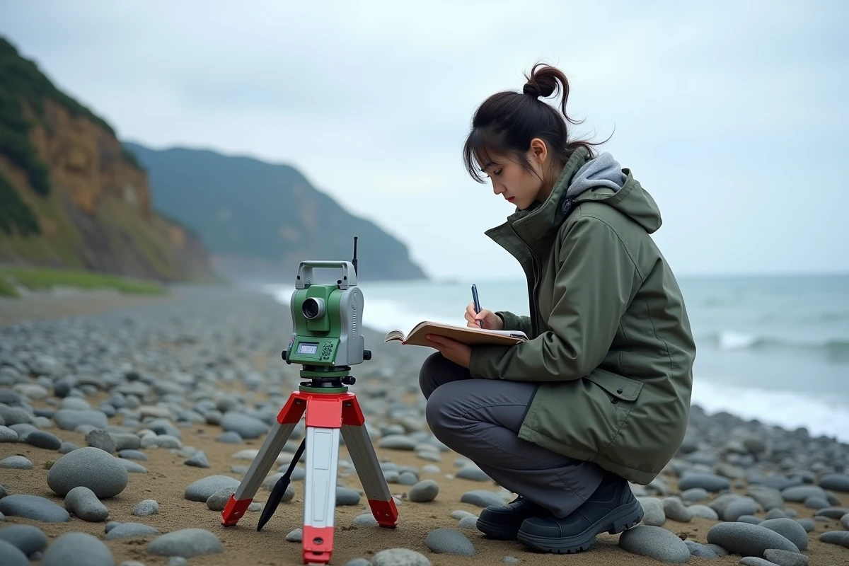 Jeune femme enregistrant des données sur un sismographe côtier
