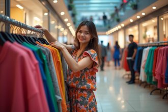 Jeune femme mode dans un centre commercial tendance