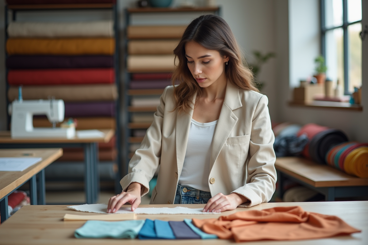 Jeune femme examine des échantillons de tissu dans un studio textile
