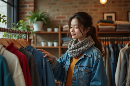 Jeune femme examine un pull vintage dans une boutique de seconde main