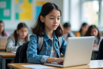 Jeune fille en classe avec ordinateur et sac à dos
