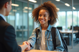 Jeune fille souriante serre la main d'un employé dans un bureau moderne
