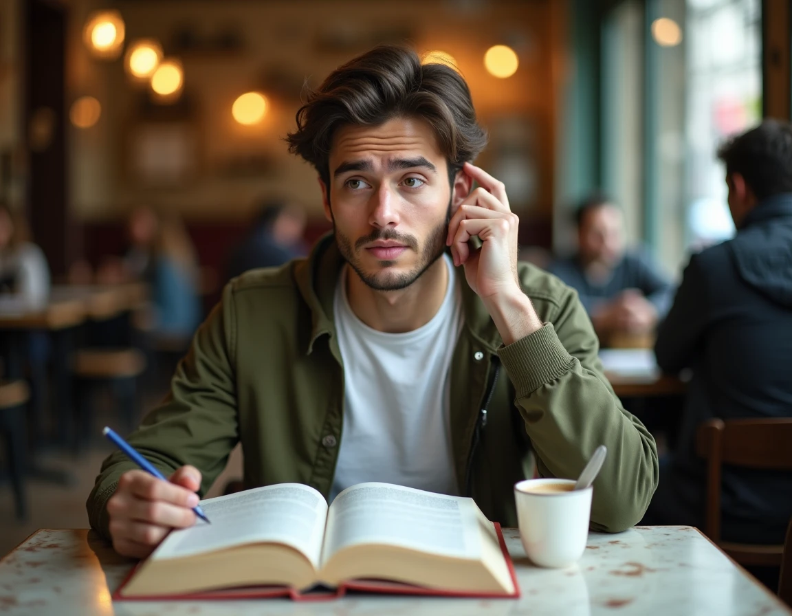 Jeune homme lisant un livre de grammaire française dans un café parisien, symbolisant l'apprentissage de l'orthographe et des expressions correctes