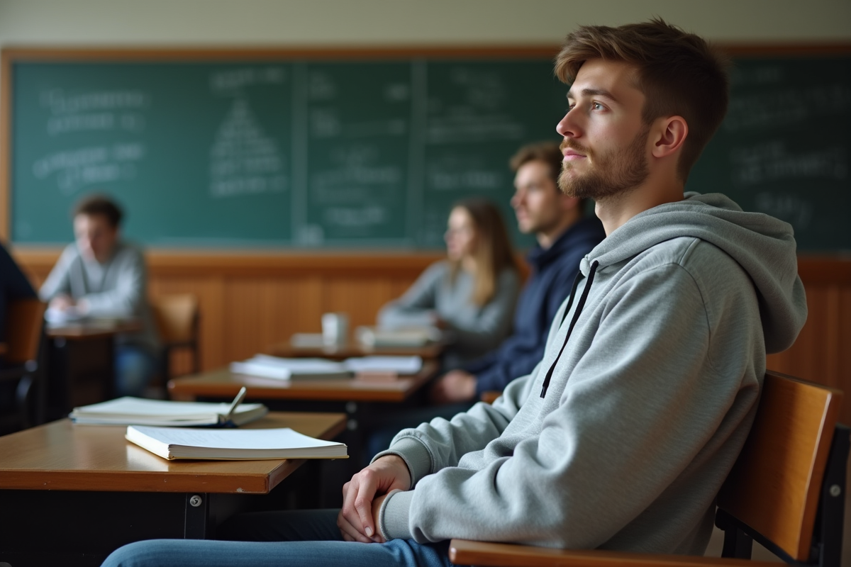 Jeune homme attentif en cours dans une salle de classe universitaire